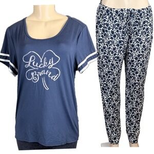 Lucky Brand Womens Navy Blue Logo Short Sleeve Top Floral Pants Sleepwear Set L